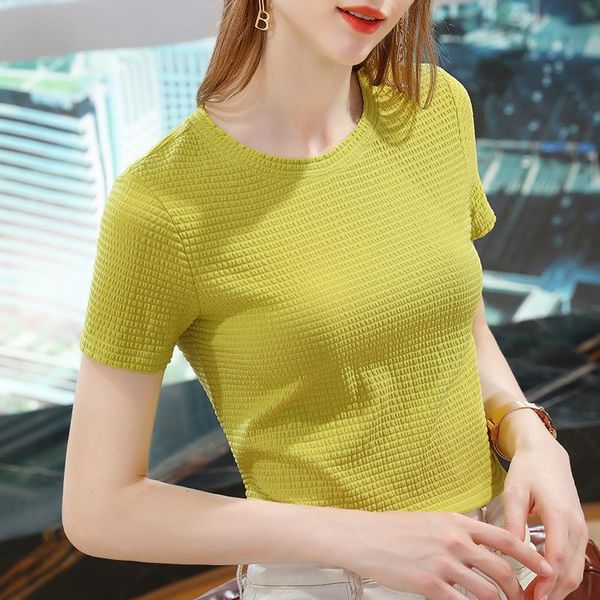 

women's t-shirt round neck short sleeve summer 2021 makaron elastic tight foreign style top, White