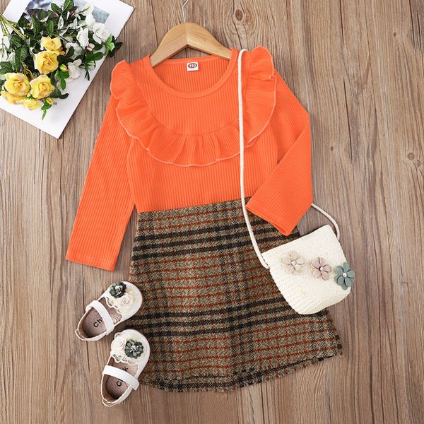 2021 Baby Mädchen Kleidung Sets Frühling Herbst Mode Mädchen Outfits Orange Langarm Spitze Kragen Mokka Braun Mittelschule Rock Anzug kinder Kleidung
