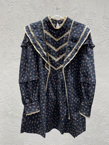 

ladies fashion long-sleeved stand collar lace stitching ruffle print dress, 0105 casual dresses, Black;gray