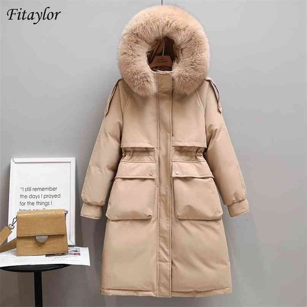 

fitaylor winter women long jacket large natural fur collar hooded parkas 90% white duck down coat thickness snow warm outwear 210923, Black
