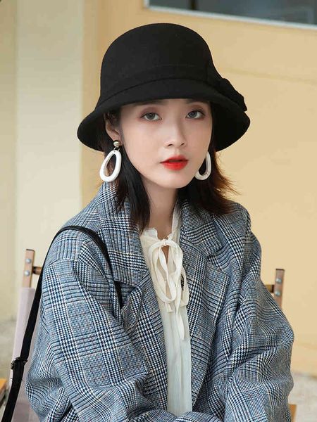 

brand caps autumn and winter wool fisherman hat bow fashion children's foreign style versatile warm elegant small basin, Blue;gray