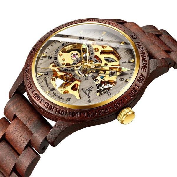 

wristwatches ik coloring casual fashion wooden men's automatic mechanical watch strap hollow transparent sports mens, Slivery;brown