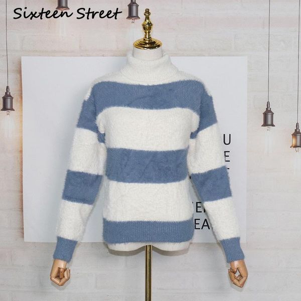 

autumn striped sweater woman turtleneck collar keep warm thick knitted pullovers runway design women's sweaters, White;black