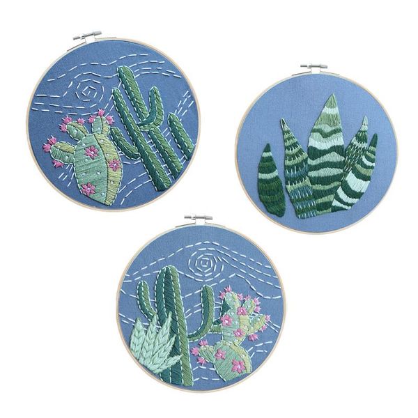 

plant cactus embroidery kit with bamboo hoop pattern printed needlework handmade cross stitch sewing art painting craft other arts and craft