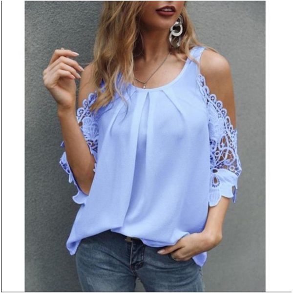 

women's blouses & shirts all-match strapless t-shirt women fashion round neck loose lace hollow out short sleeve shirt lady commute, White