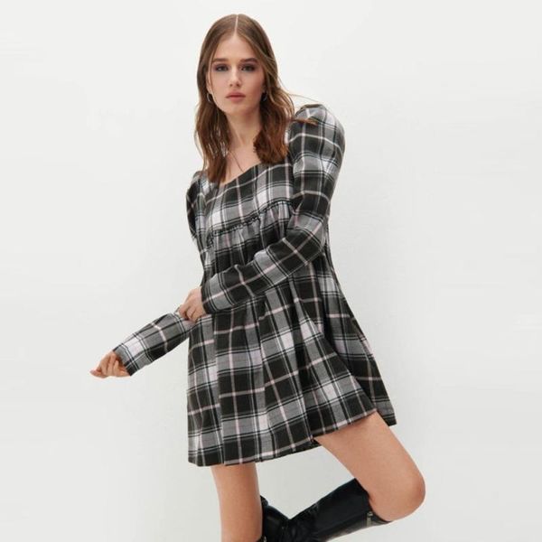 

casual dresses muiches plaid square collar mini dress women puff sleeve college style high waist loose girl sweet 2021, Black;gray