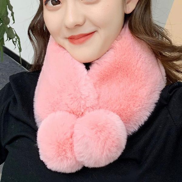 

scarves imitation rex wool plush collar scarf female double ball warmth neck protector cute all-match winter faux fur cross ring, Blue;gray