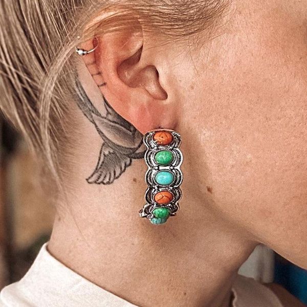 

stud semicircle hoop turquoises inlaid earrings for women vintage large boho geometric semi-circle ear studs piercing jewelry, Golden;silver