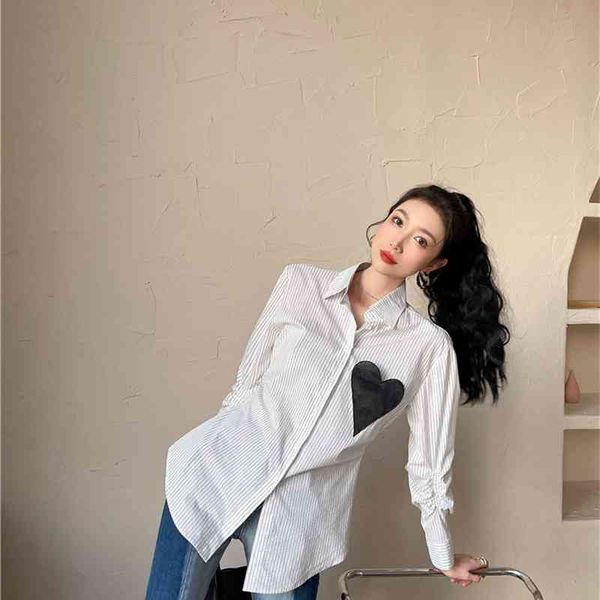 

women's blouses & shirts embroidery heart long sleeve and blosue fashion women white striped button up collar designer gvlt