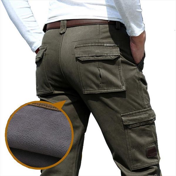 

winter plus velvet cargo male women pant straight loose multi pocket casual mens thicken fleece warm military trousers army green, Black