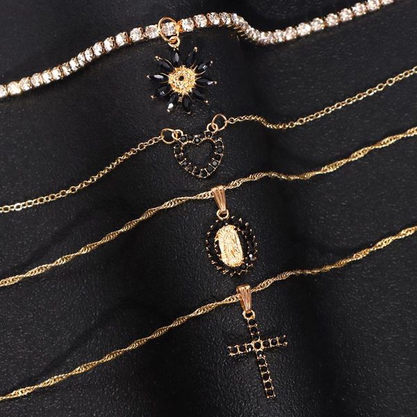

chains luxury multilayered black crystal cross flowers pendant tennis choker necklace for women golden metal clavicle long chain jewely, Silver