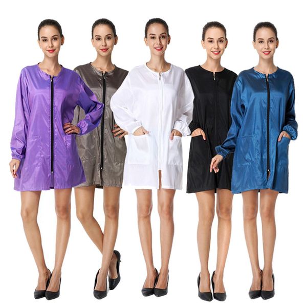 Mulheres Vestido Longo Manga Trabalho Roupas O Pescoço Vento Jaqueta Barber Loja Aventais Cabeleireiro Workwear impermeável Beleza Spa Avental 210319