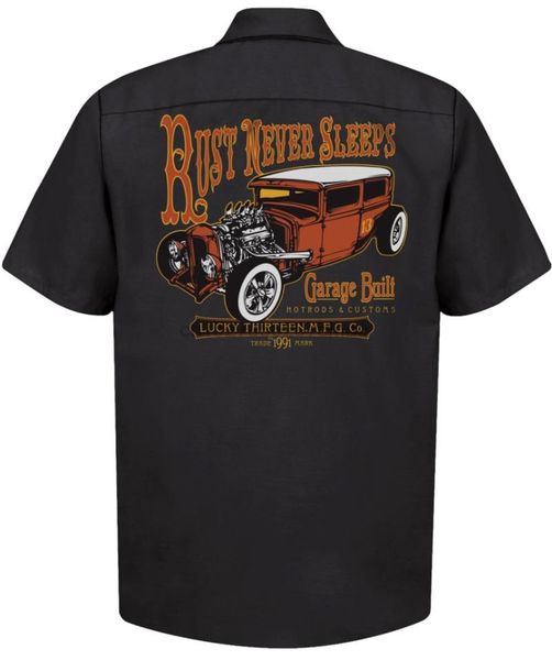 

lucky 13 work mechanic shirt button rust never sleeps rat rod custom men's t-shirts, White;black