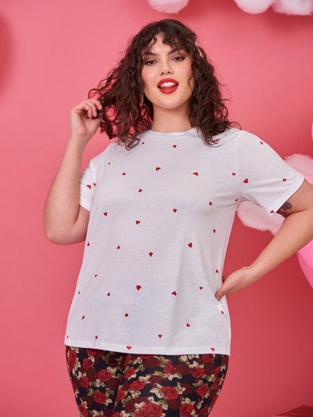 

plus heart print round neck tee m4pw#, Black