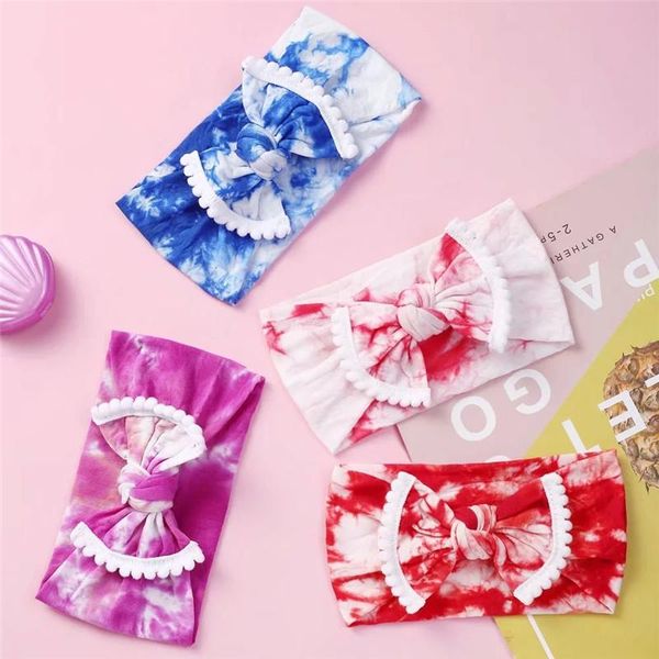

hair accessories born baby cable knit tie dye print nylon headbands,tie bows headband with pom trim,kids girls headwear, Slivery;white