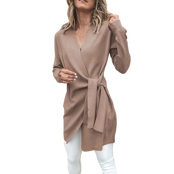 

women's trench coats winter fashion women casual leather coat tied up v neck open front suit jacket outwear overcoat ladies solid park, Tan;black