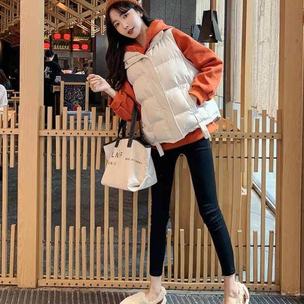 

autumn and winter female 2021 student stand collar short plus thick plush cotton outer vt coat, Black;white