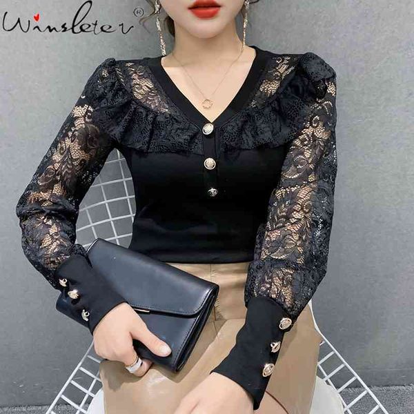 

women's t-shirt spring fall european style girls chic ruffles v-neck button pathwork lace women hollow out tees t11613a, White