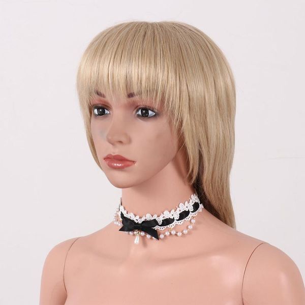 

pendant necklaces handmade choker necklace women girl lolitas ruffle lace ribbon straps pearls chain bowknot collar for cosplay party decora, Silver
