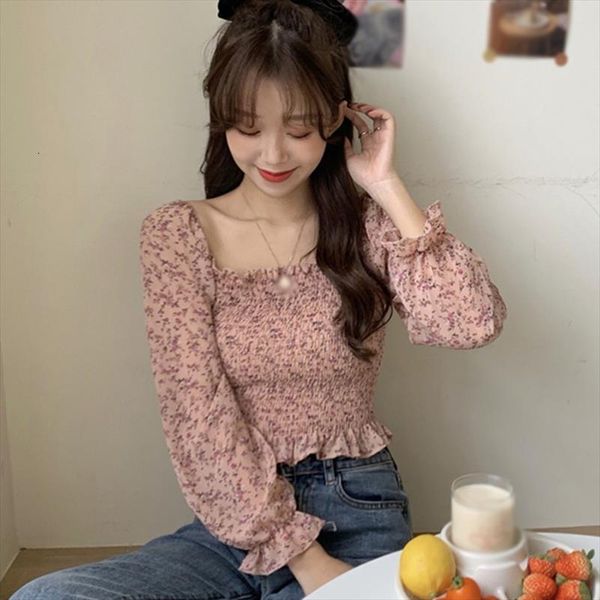 

fashion square collar sweet womens blouses pleated long sleeve floral print short chiffon shirt., White