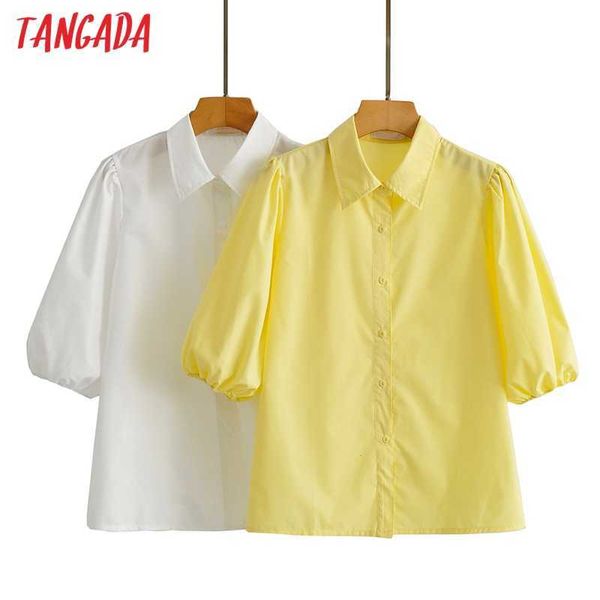 Tangada Mulheres Amarelo Branco Camisas Puff Manga Curta Sólida Desligar Collar Elegante Escritório Senhoras Trabalho Desgaste Blusas AI24 210609