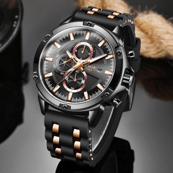 

wristwatches 2021lige wrist watch men waterproof chronograph military army silicone strap male man sport watches clock, Slivery;brown