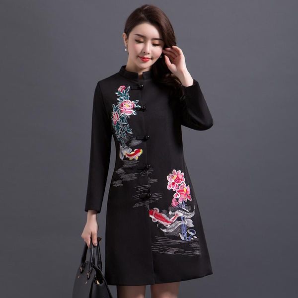 

women's trench coats autumn and winter plus size coat long section fashion chinese style pankou embroidery windbreaker jacket l~5xl, Tan;black