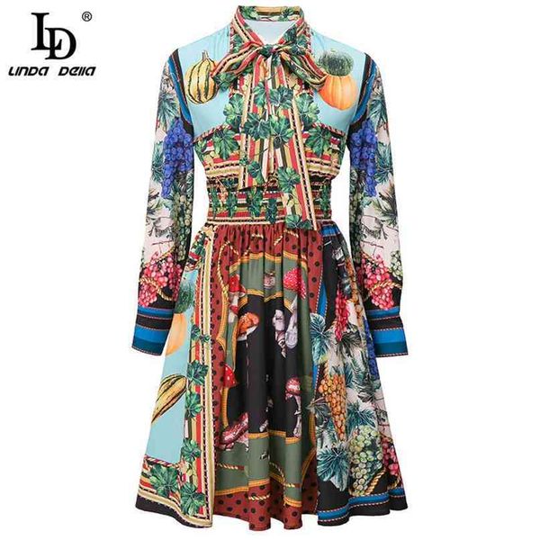 Kadın Moda Yaz Vintage Midi Elbise Kadın Tasarımcı Uzun Kollu Sebze Baskı Elastik Bel Tatil 210522