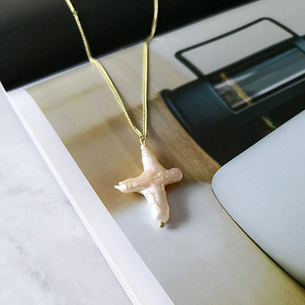 

chains moflo 18k gold plated chain baroque freshwater pearl necklace irregular geometric cross necklaces, Silver