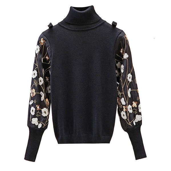 

women's sweaters turtleneck women luxury embroidery sequin pullover chic bowtie knitted pull femme black vbke, White;black