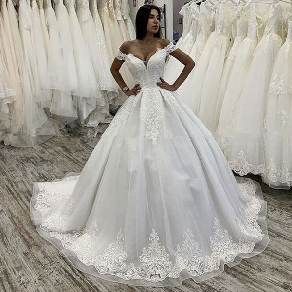 

off the shoulder lace ball gown wedding dresses court train appliqued lace-up back tulle plus size bridal gowns vestido de noiva, White