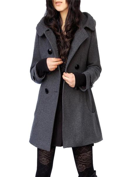 

women's winter wool blend coat double breasted hooded collar medium long casual thicken cotton outerwear fashion warm jacket & blends, Black
