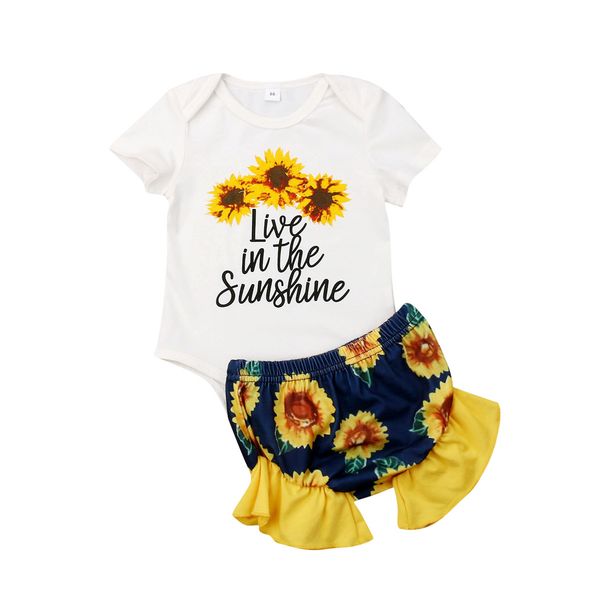 

0-24m summer clothes newborn baby girls sunflower romper pp pants 2pcs, White
