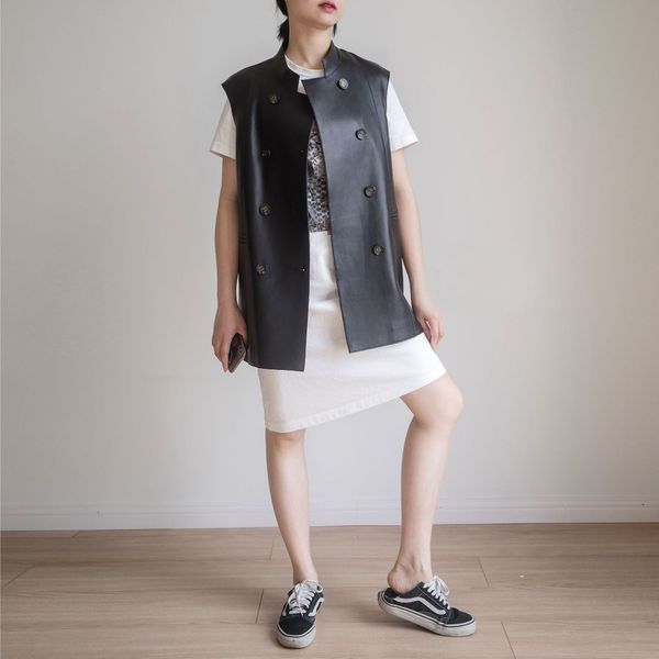 

women's vests japanese style spring leather genuine royal vest b643, Black;white