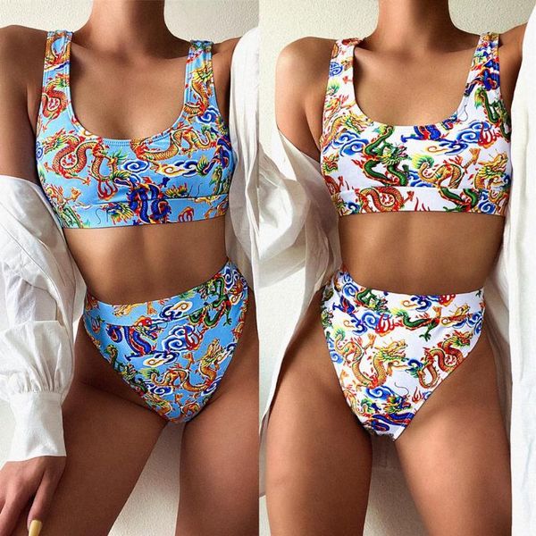

neck swimwear retro dragon print swimsuit female high waist bikini set bandeau bathing suit one-piece suits