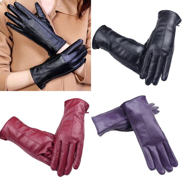 

five fingers gloves full 1 pairs driving solid color women pu leather touch screen windproof waterproof, Blue;gray