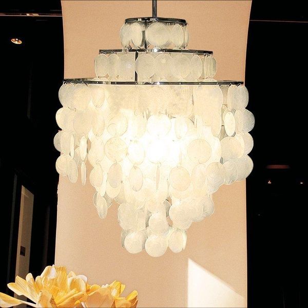 Chandeliers Modern Candelier Rodada Natural Capiz Shells HangLamp Lâmpada de Pingente Branco para sala de estar Bar Bar Luminária Indoor Iluminação