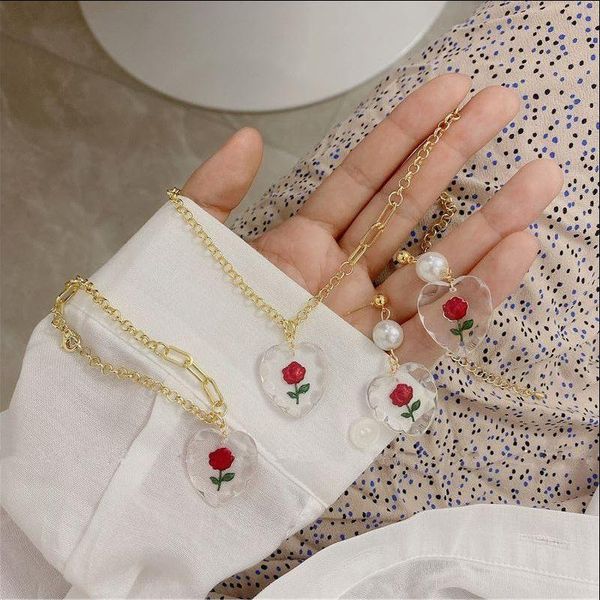 

chains aomu fashion cute sweet gold color transparent imitation pearl acrylic flower clavicle chain geometric rose necklace for women, Silver