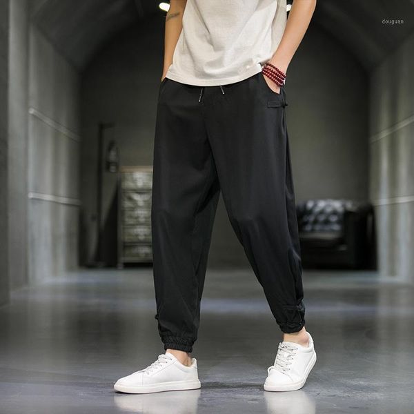 

men's pants straight fashion elastic waist casual men street loose ice silk trousers mens wide leg m-5xl, Black