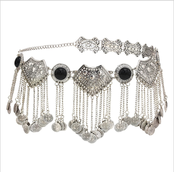 

belts european and american retro metal coin pendant belly chain tassel long waist girl decoration belt, Black;brown