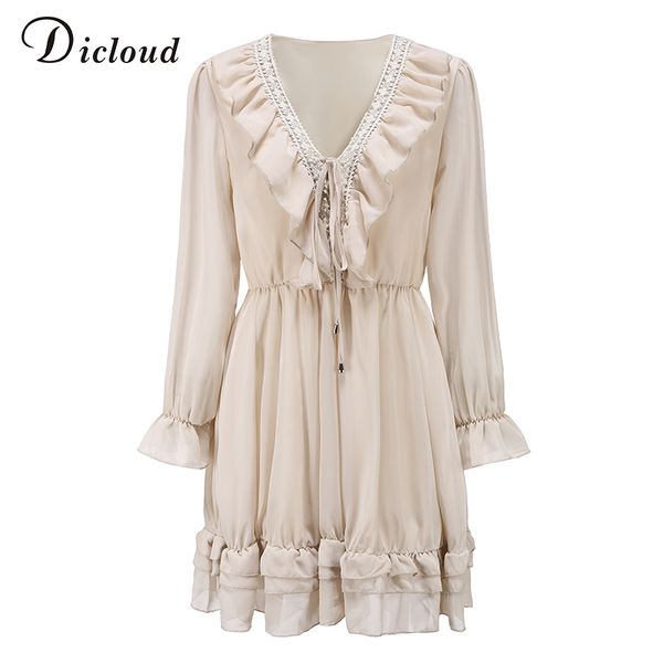 

2021dicloud lace womens party dress elegant long sleeve ruffle chiffon white dress summer v neck ladies wedding clothing 2021, Black;gray