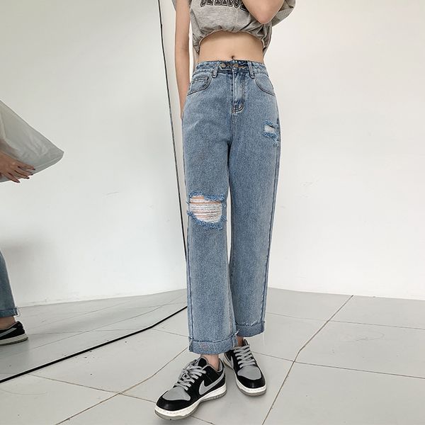 

autumn scissors feet high waist two buttons loose hole straight jeans women, Blue