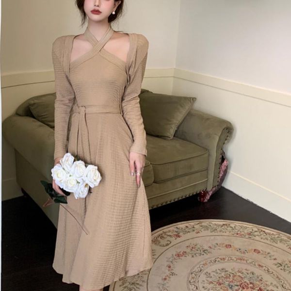 

casual dresses women black vintage korean fashion one-piece dress france retro halter 2021 autumn elegant evening party midi dresse, Black;gray
