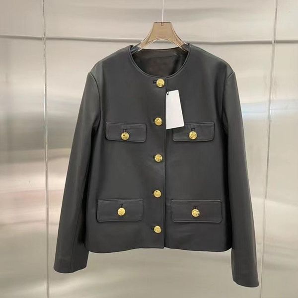 

women's leather & faux import real sheepskin coat short 2021 arrival women jacket spring plus size clothes o-neck collar pocket decorat, Black
