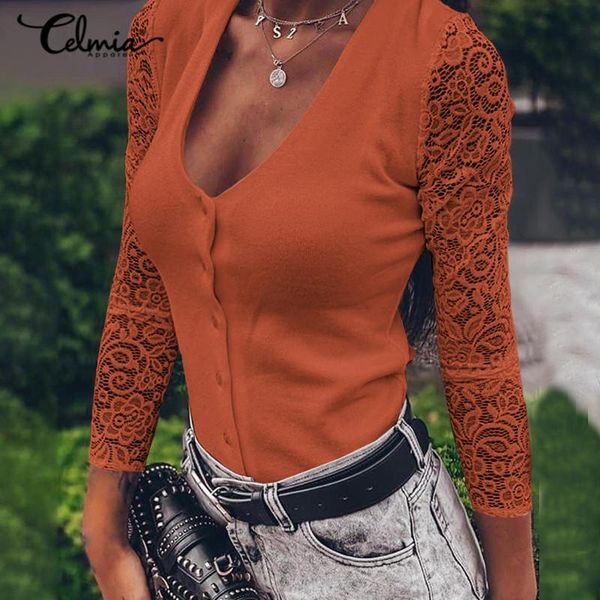 

women's t-shirt plus size celmia women v neck tight elegant lace stitching long sleeve 2021 fashion streetwear tees t-shirts 5xl, White