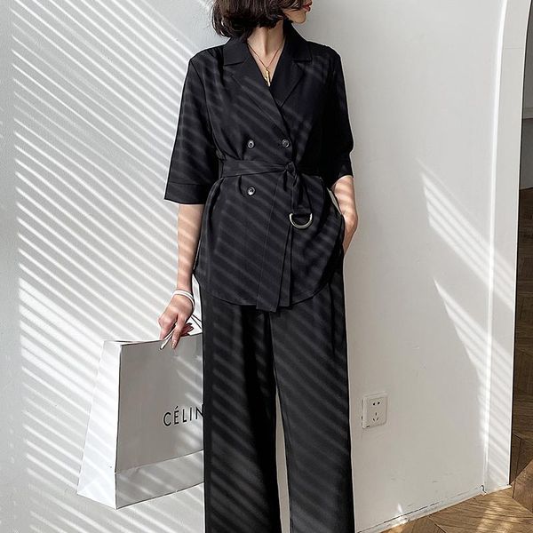 

office lady black work blazer suit chic outfits double breasted jacket with belt + wide leg long pants 2 pieces set women's two piece, White