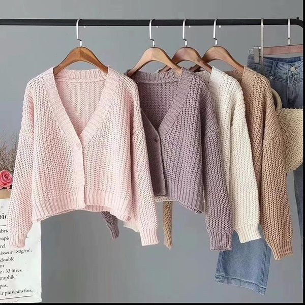 

v neck long sleeved womens sweater thick line one button solid color lazy simple fashion short cardigan female spring, White;black