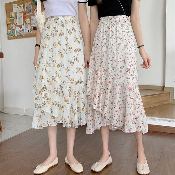 

skirts womens skirt vintage clothes long white harajuku summer high waist streetwear 2021 fashion flowy spring elastic chiffon, Black