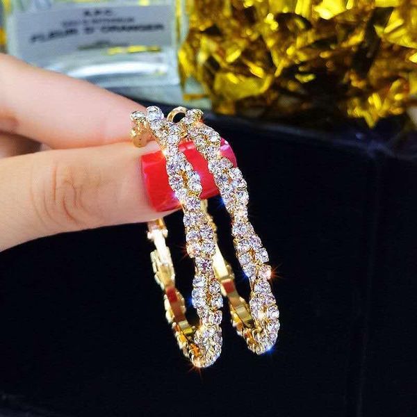 

hoop & huggie 2021 fashion temperament girl earrings shiny crystal round crisscross rhinestone wrapped, Golden;silver