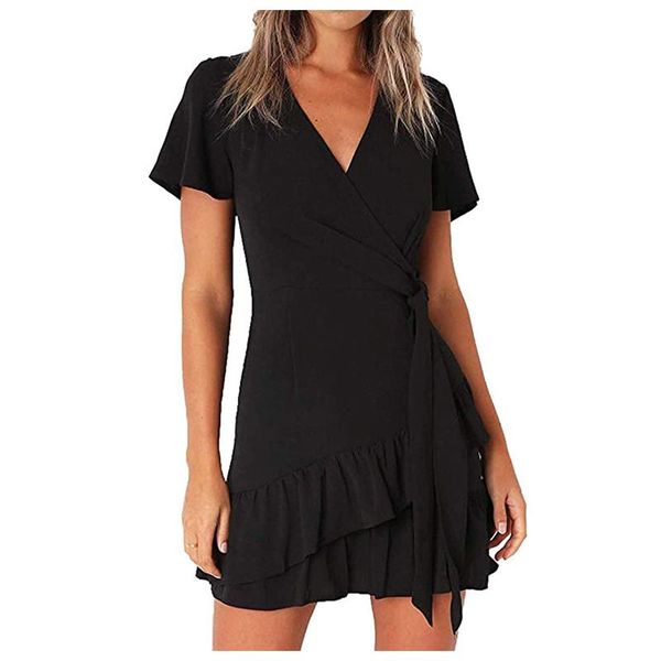 

women's swimwear womens summer dress ruffle wrap v neck short sleeve mini dresses with belt slim casual party vestidos robeÂ longueÂ femm, White;black